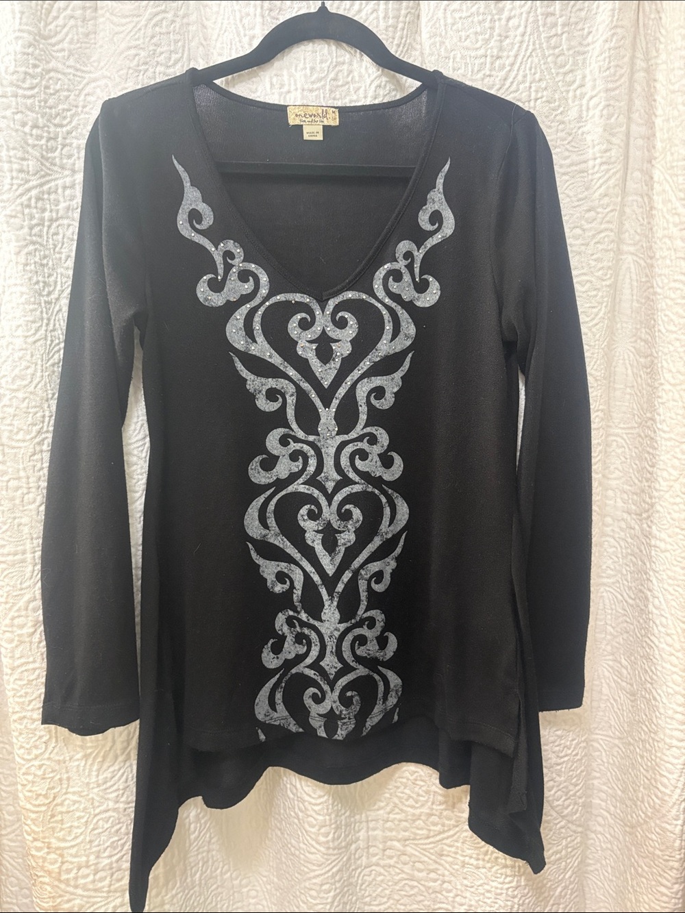 ONE WORLD Black Long Sleeve V-Neck Top with Silver Filigree